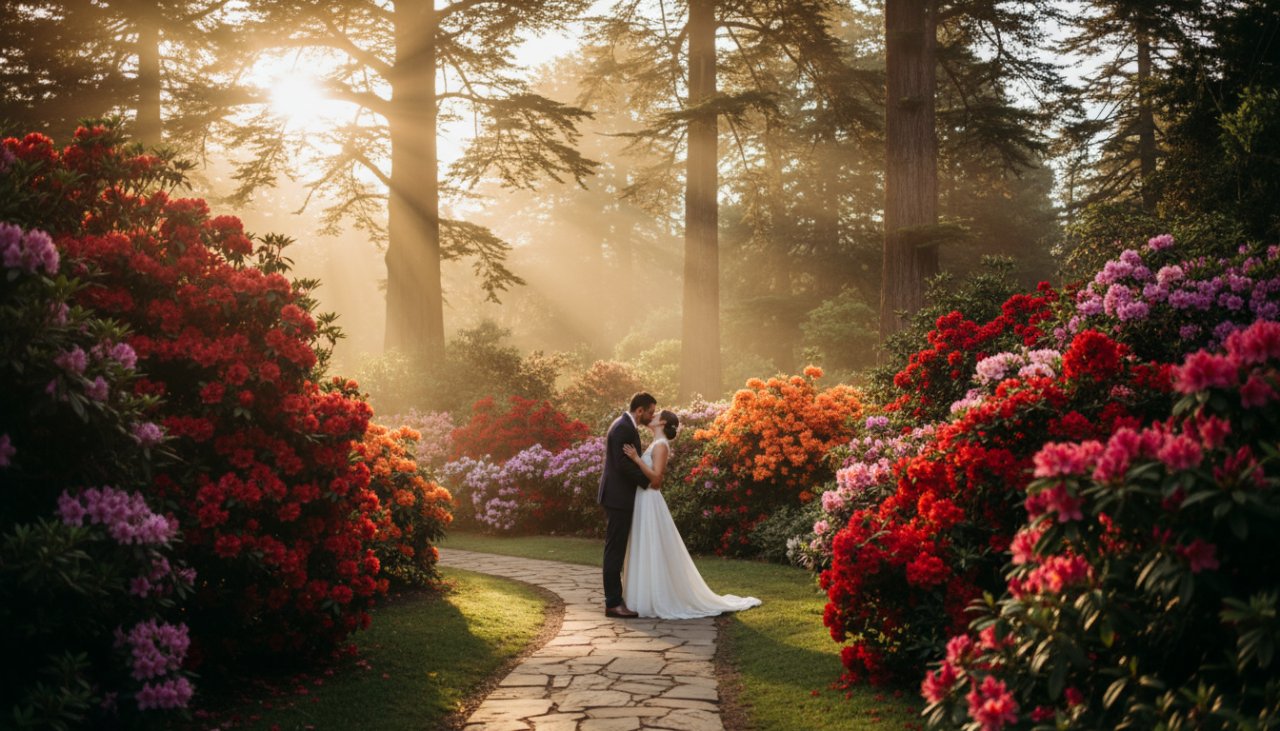 An epic moment of a newlywed couple sharing a tender kiss amidst the lush, vibrant spring blooms of the Dandenong Ranges Botanical Garden, captured through romantic Olinda botanical gardens wedding photography, with golden hour light filtering through tall trees.