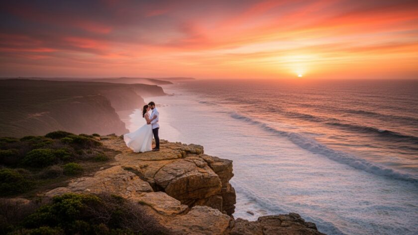 A breathtaking wide shot of a couple embracing on a rugged cliff overlooking the ocean at sunset, showcasing romantic Portsea cliffside engagement photography with dramatic golden light and crashing waves below.