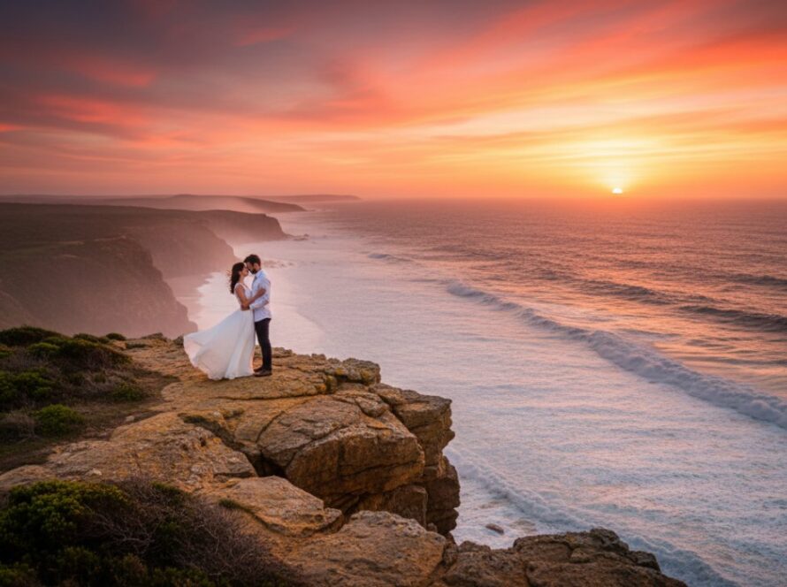 A breathtaking wide shot of a couple embracing on a rugged cliff overlooking the ocean at sunset, showcasing romantic Portsea cliffside engagement photography with dramatic golden light and crashing waves below.