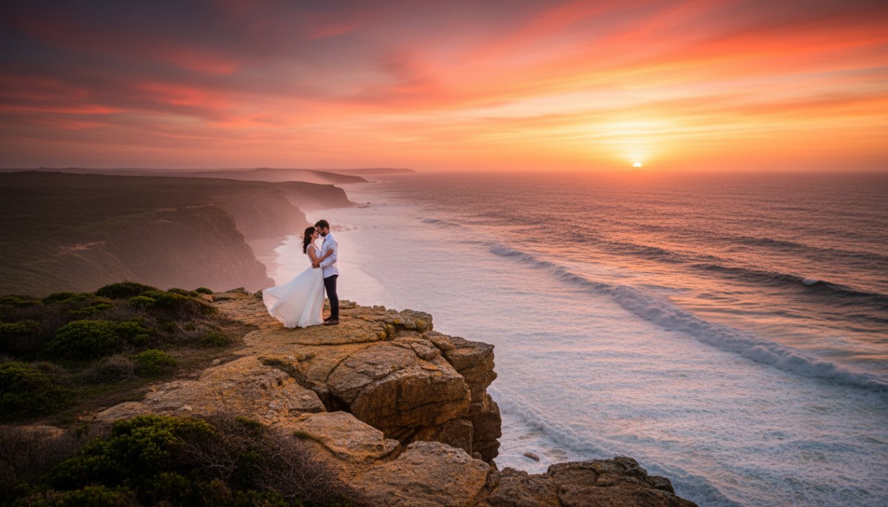 A breathtaking wide shot of a couple embracing on a rugged cliff overlooking the ocean at sunset, showcasing romantic Portsea cliffside engagement photography with dramatic golden light and crashing waves below.