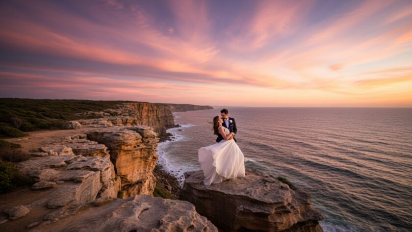 A couple embracing passionately on the dramatic Mount Eliza cliffs at sunset, with golden light shimmering on the ocean and rugged coastline, perfectly showcasing romantic pre-wedding photography Mount Eliza Victoria Cliffs.
