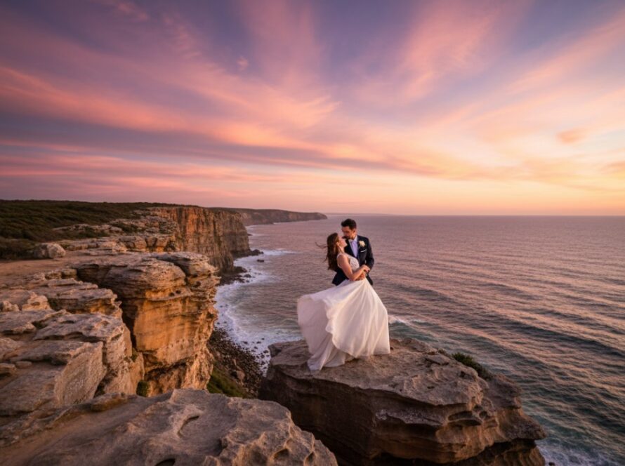 A couple embracing passionately on the dramatic Mount Eliza cliffs at sunset, with golden light shimmering on the ocean and rugged coastline, perfectly showcasing romantic pre-wedding photography Mount Eliza Victoria Cliffs.