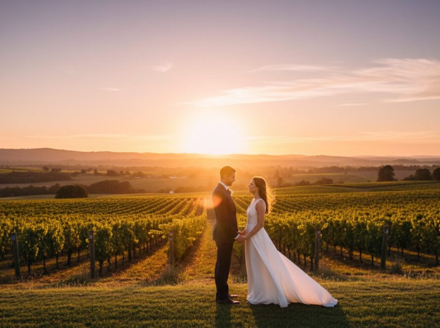 A couple embraces passionately at sunset amidst rolling vineyards in Seville East, Victoria, with golden light illuminating the romantic pre-wedding photography moment.