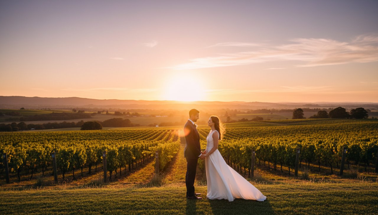 A couple embraces passionately at sunset amidst rolling vineyards in Seville East, Victoria, with golden light illuminating the romantic pre-wedding photography moment.