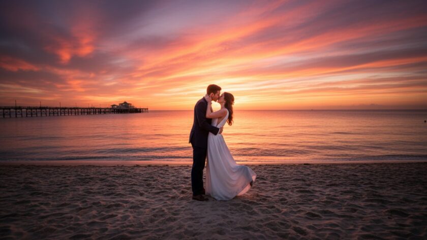 An epic moment capture of a couple embracing passionately against a vibrant, fiery sunset over the iconic Rye Pier, epitomising romantic pre-wedding photos Rye Pier sunset artistry.