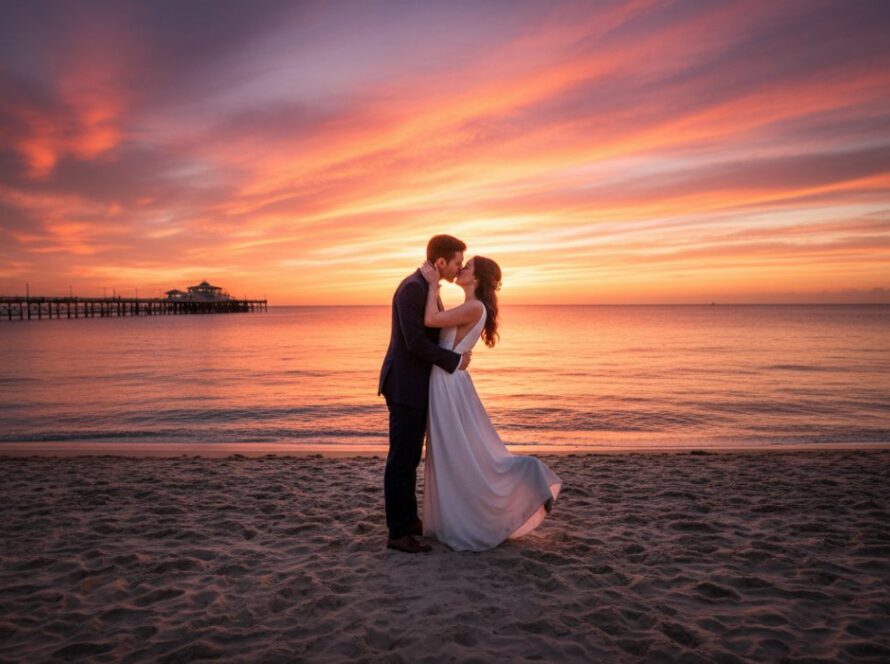 An epic moment capture of a couple embracing passionately against a vibrant, fiery sunset over the iconic Rye Pier, epitomising romantic pre-wedding photos Rye Pier sunset artistry.