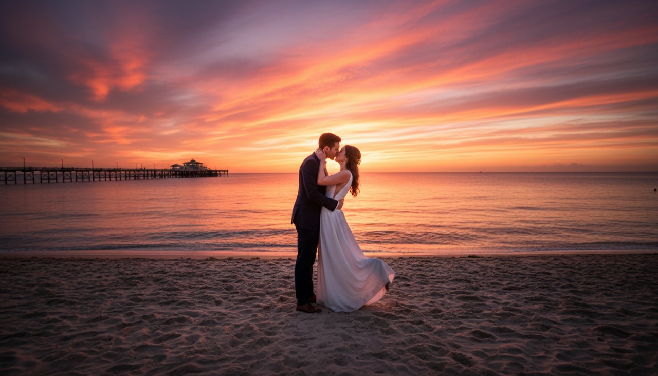 An epic moment capture of a couple embracing passionately against a vibrant, fiery sunset over the iconic Rye Pier, epitomising romantic pre-wedding photos Rye Pier sunset artistry.