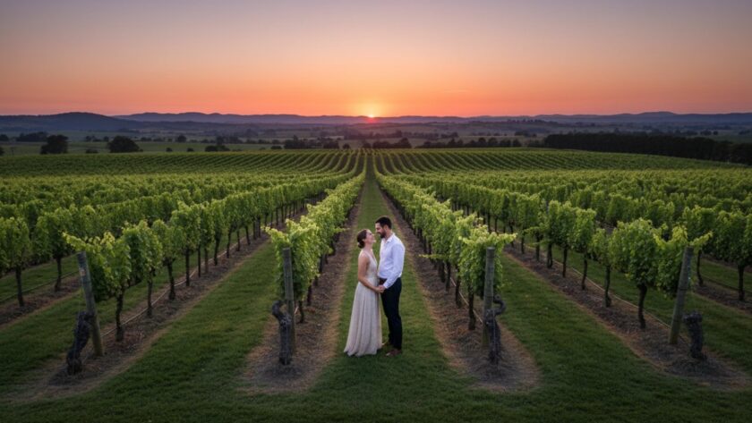 An engaged couple sharing a tender moment at sunset, embraced in a vineyard in Seville, Yarra Valley, with golden hour light reflecting off their faces, capturing their romantic pre-wedding photos Seville Yarra Valley vineyards. The shot is wide, cinematic, and filled with warmth.