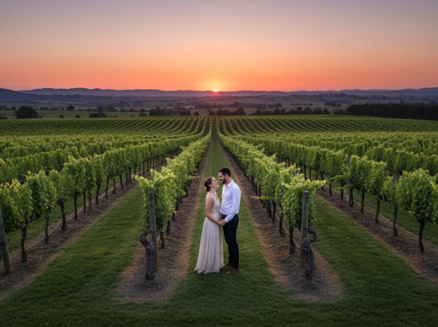 An engaged couple sharing a tender moment at sunset, embraced in a vineyard in Seville, Yarra Valley, with golden hour light reflecting off their faces, capturing their romantic pre-wedding photos Seville Yarra Valley vineyards. The shot is wide, cinematic, and filled with warmth.