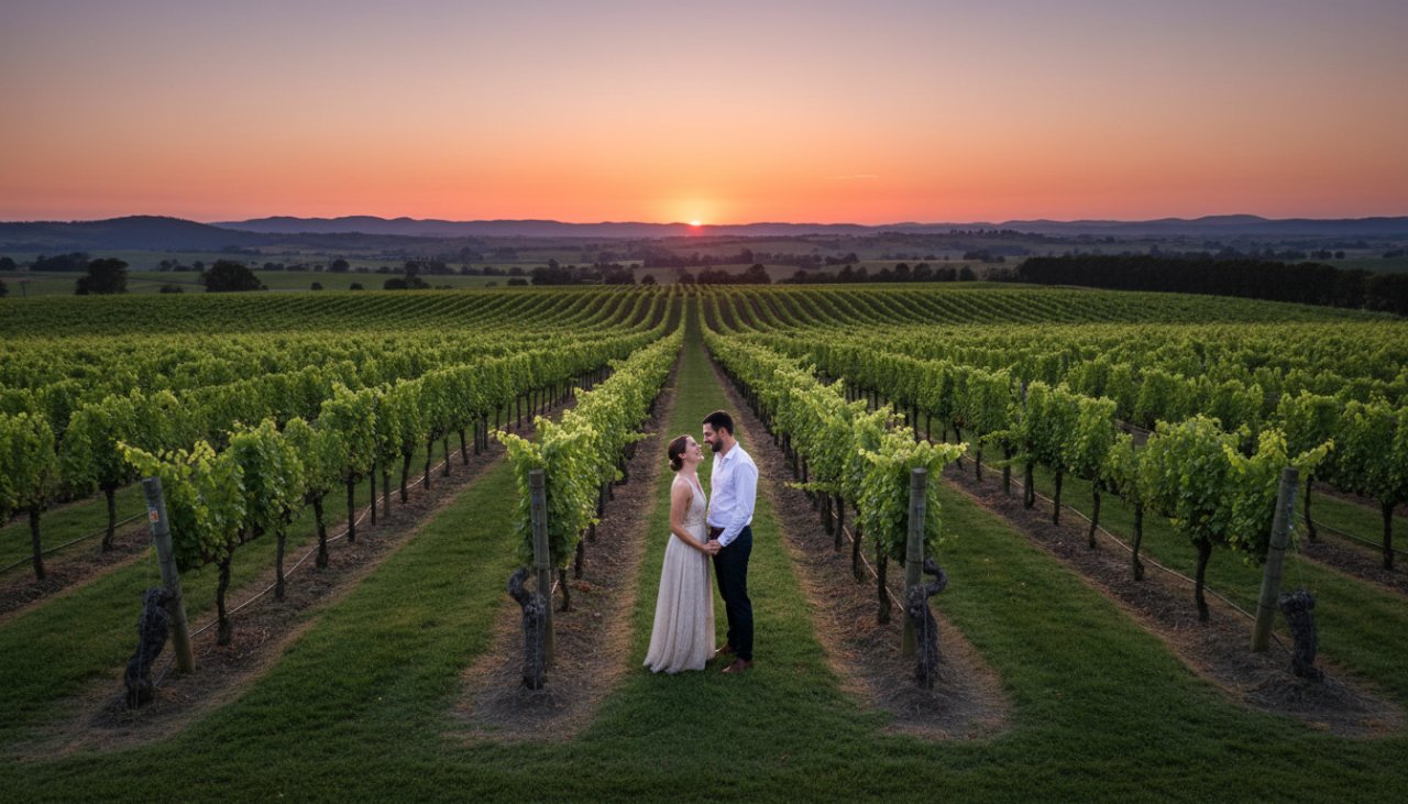 An engaged couple sharing a tender moment at sunset, embraced in a vineyard in Seville, Yarra Valley, with golden hour light reflecting off their faces, capturing their romantic pre-wedding photos Seville Yarra Valley vineyards. The shot is wide, cinematic, and filled with warmth.