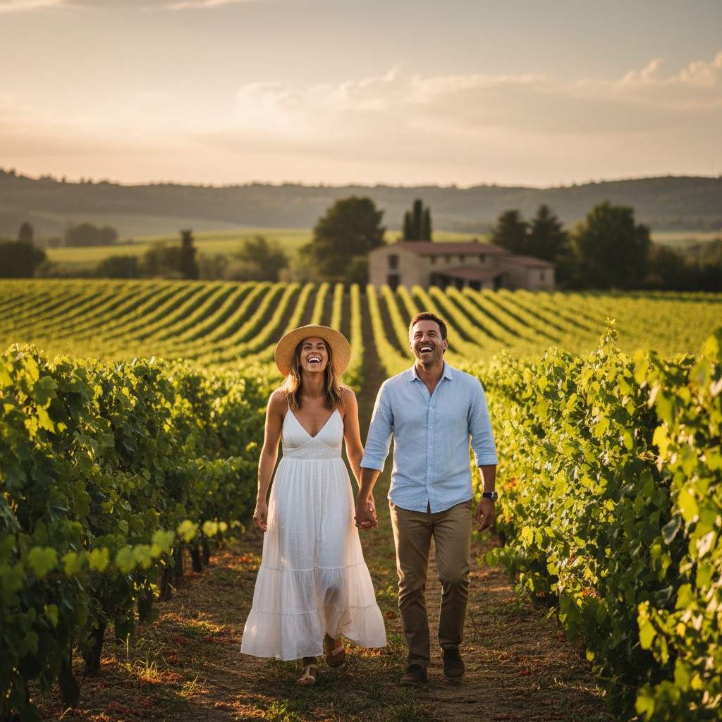 A couple laughing joyfully as they walk hand-in-hand through rows of vibrant green grapevines in a Yarra Valley vineyard during golden hour. The scene should convey natural, candid romance, with rolling hills and a distant winery visible under a soft, warm sky. High-quality, realistic photograph, suitable for a professional photography blog. No text.