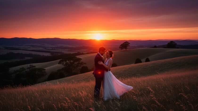 An epic moment from a Romantic Pre-Wedding Photoshoot Tremont Victoria, featuring a couple embracing passionately at sunset on a scenic hilltop, golden light illuminating their joyful expressions, with the rolling Dandenong Ranges in the background.