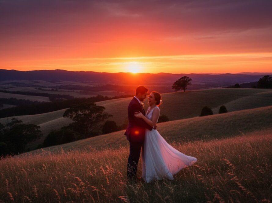 An epic moment from a Romantic Pre-Wedding Photoshoot Tremont Victoria, featuring a couple embracing passionately at sunset on a scenic hilltop, golden light illuminating their joyful expressions, with the rolling Dandenong Ranges in the background.