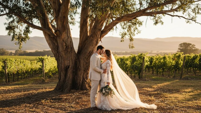 An emotionally charged, epic moment capturing a newlywed couple embracing passionately amidst the golden hour glow of a rustic vineyard in Castella, Victoria, showcasing romantic rustic wedding photography Castella Victoria.