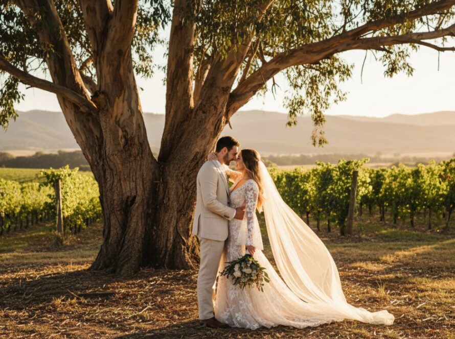 An emotionally charged, epic moment capturing a newlywed couple embracing passionately amidst the golden hour glow of a rustic vineyard in Castella, Victoria, showcasing romantic rustic wedding photography Castella Victoria.