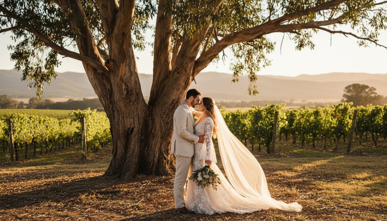 An emotionally charged, epic moment capturing a newlywed couple embracing passionately amidst the golden hour glow of a rustic vineyard in Castella, Victoria, showcasing romantic rustic wedding photography Castella Victoria.
