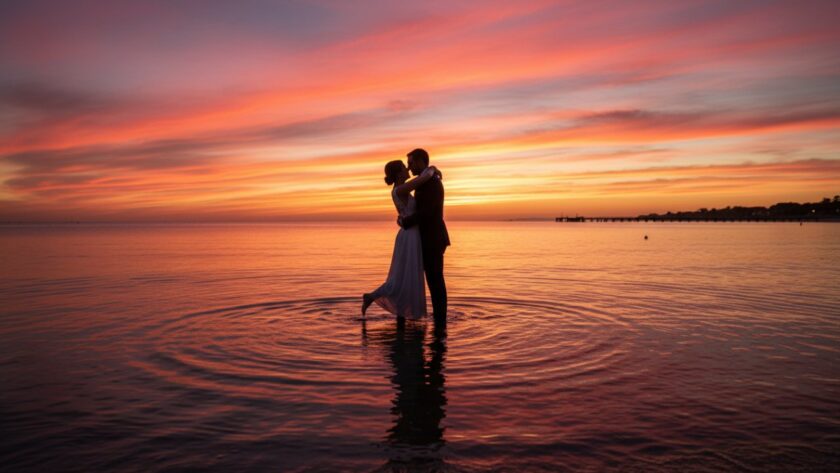 An epic moment of a couple embracing passionately at sunset on the tranquil shores of Safety Beach, Victoria, beautifully captured through Romantic Safety Beach engagement photography Victoria, with the vibrant colours of the sky reflected on the calm water.