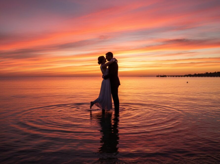 An epic moment of a couple embracing passionately at sunset on the tranquil shores of Safety Beach, Victoria, beautifully captured through Romantic Safety Beach engagement photography Victoria, with the vibrant colours of the sky reflected on the calm water.
