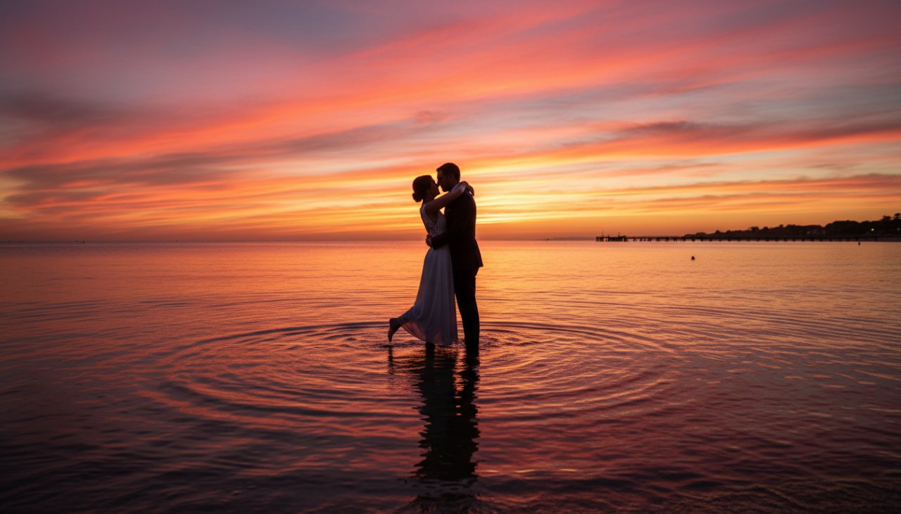 An epic moment of a couple embracing passionately at sunset on the tranquil shores of Safety Beach, Victoria, beautifully captured through Romantic Safety Beach engagement photography Victoria, with the vibrant colours of the sky reflected on the calm water.