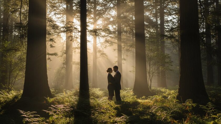 A couple shares a tender moment amidst the ethereal morning mist in the Sassafras forest, an epic romantic Sassafras Dandenong Ranges engagement photoshoot scene.