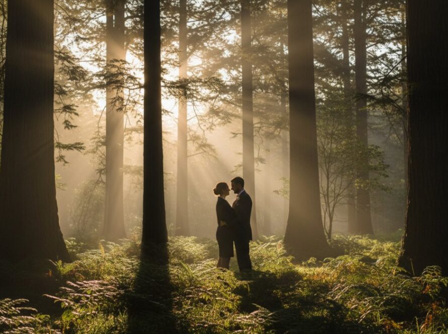 A couple shares a tender moment amidst the ethereal morning mist in the Sassafras forest, an epic romantic Sassafras Dandenong Ranges engagement photoshoot scene.