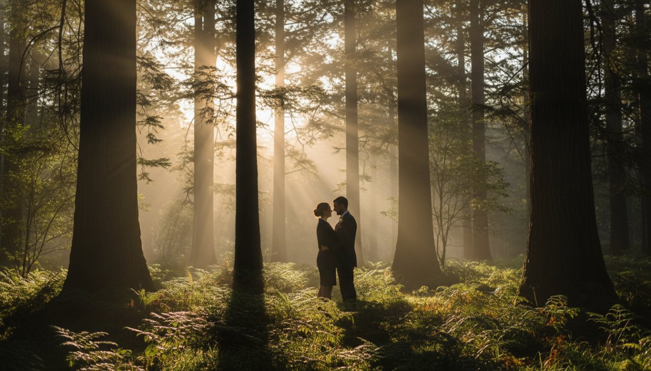 A couple shares a tender moment amidst the ethereal morning mist in the Sassafras forest, an epic romantic Sassafras Dandenong Ranges engagement photoshoot scene.