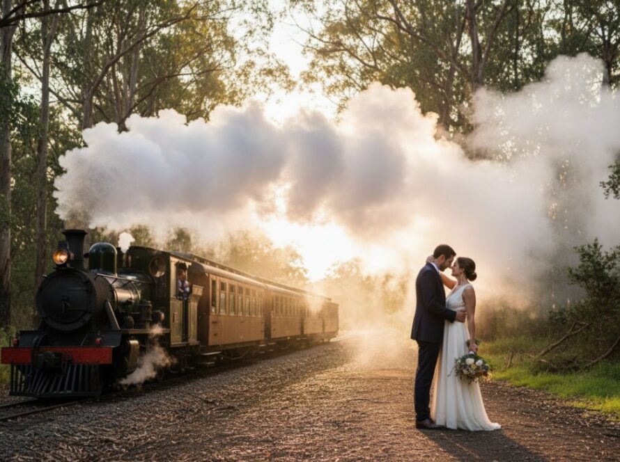A couple shares a tender kiss with the iconic Puffing Billy steam train gently puffing past in the background, bathed in golden hour light, capturing a romantic Selby engagement photography Puffing Billy backdrop moment. The scene is set amidst lush green Dandenong Ranges foliage, with soft focus on the couple and the train slightly blurred, conveying motion and romance.