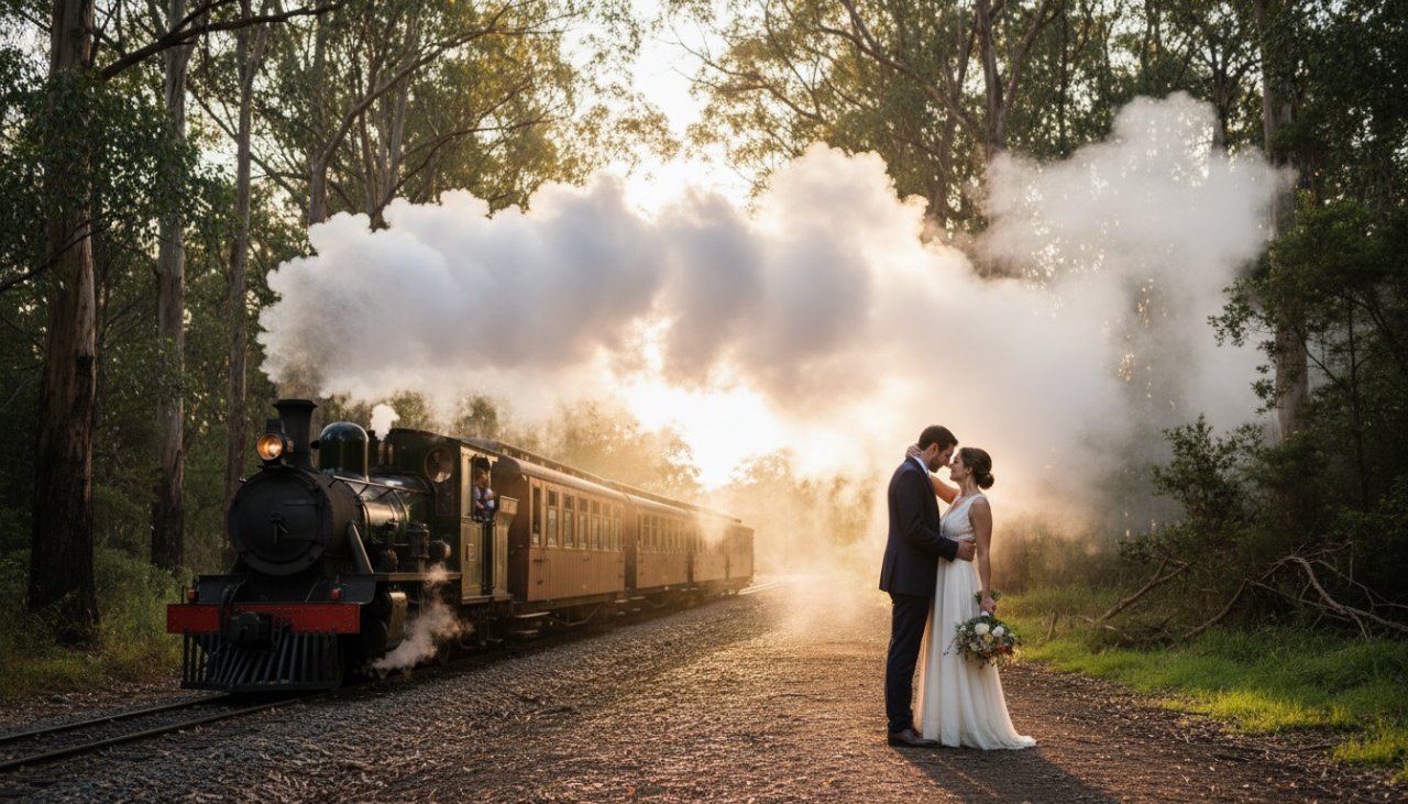 A couple shares a tender kiss with the iconic Puffing Billy steam train gently puffing past in the background, bathed in golden hour light, capturing a romantic Selby engagement photography Puffing Billy backdrop moment. The scene is set amidst lush green Dandenong Ranges foliage, with soft focus on the couple and the train slightly blurred, conveying motion and romance.