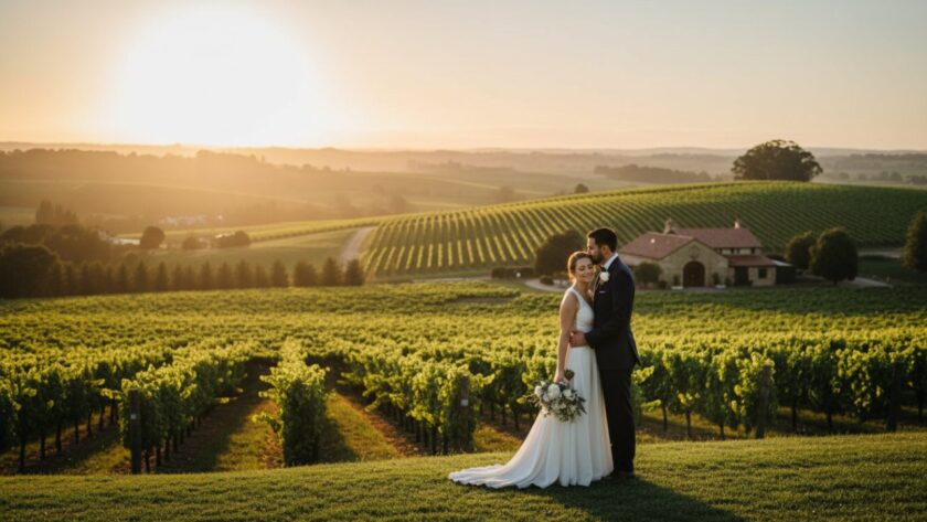 An epic moment captured in romantic Seville Victoria winery wedding photography, featuring a couple embracing passionately at sunset amidst rolling vineyards, dramatic golden light, and rustic winery architecture in the background.