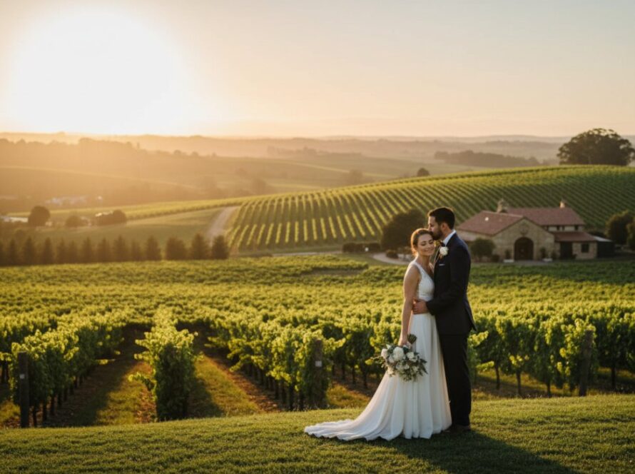 An epic moment captured in romantic Seville Victoria winery wedding photography, featuring a couple embracing passionately at sunset amidst rolling vineyards, dramatic golden light, and rustic winery architecture in the background.