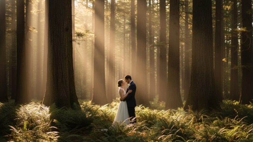 A couple embraces tenderly amidst the golden hour glow of the Sherbrooke Forest, showcasing their romantic Sherbrooke forest engagement photos with an epic, cinematic feel.