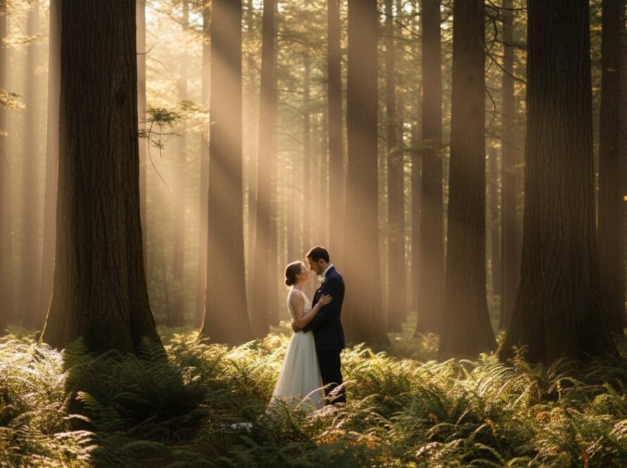 A couple embraces tenderly amidst the golden hour glow of the Sherbrooke Forest, showcasing their romantic Sherbrooke forest engagement photos with an epic, cinematic feel.