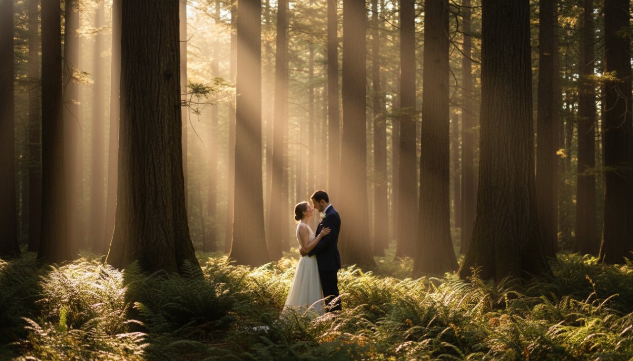 A couple embraces tenderly amidst the golden hour glow of the Sherbrooke Forest, showcasing their romantic Sherbrooke forest engagement photos with an epic, cinematic feel.