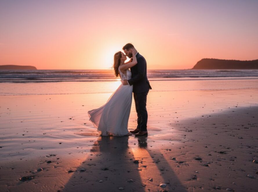Romantic Somers Beach wedding photography capturing a couple embracing at sunset on the serene shoreline, waves gently lapping, with dramatic golden hour lighting and a painterly sky.