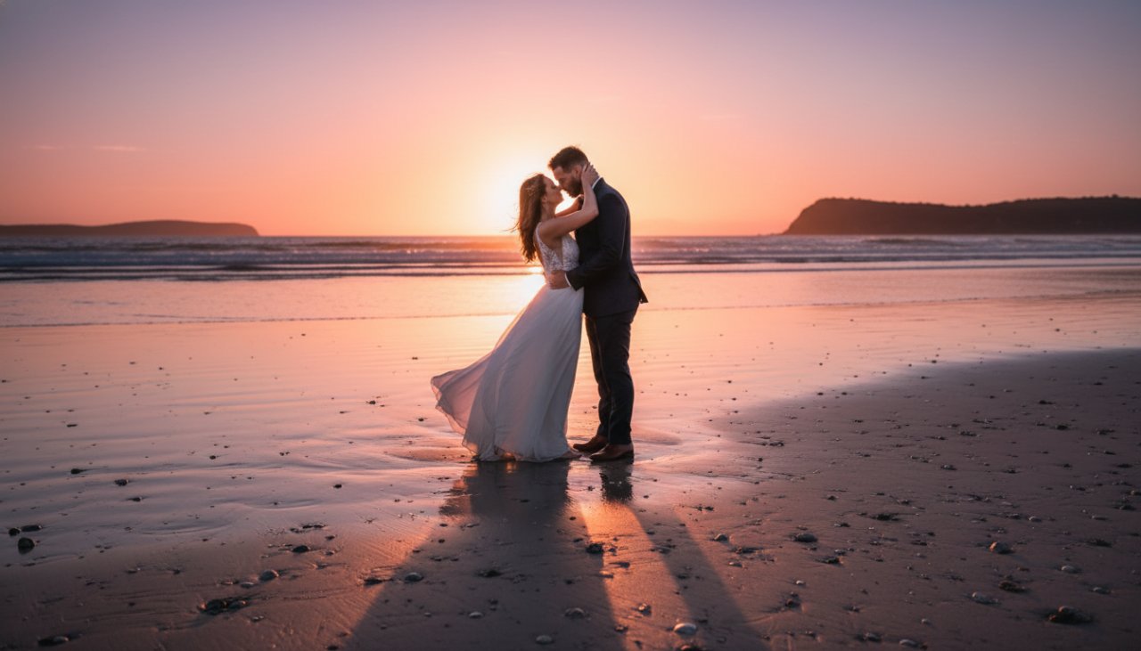 Romantic Somers Beach wedding photography capturing a couple embracing at sunset on the serene shoreline, waves gently lapping, with dramatic golden hour lighting and a painterly sky.