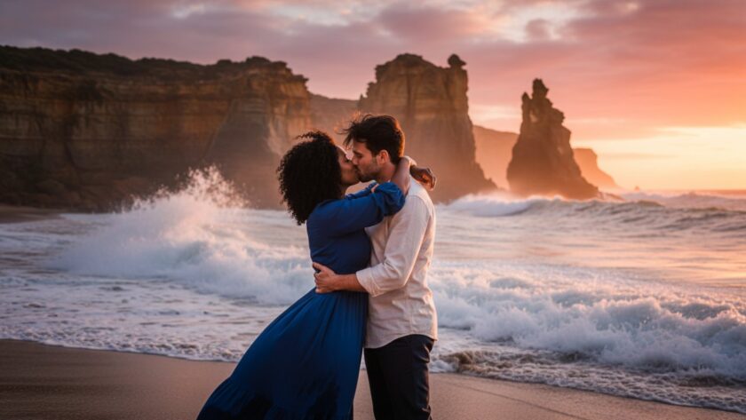 An epic moment of a couple embracing passionately at sunset on the rugged, beautiful Somers beach in Victoria, Australia, showcasing romantic Somers Victoria beach engagement photography with dramatic golden light and professional colour grading.