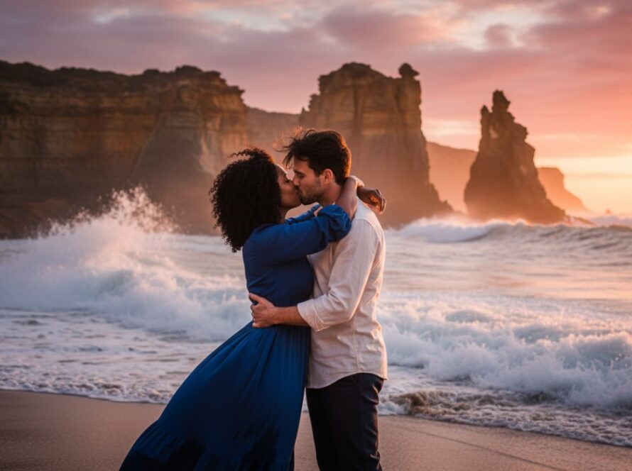 An epic moment of a couple embracing passionately at sunset on the rugged, beautiful Somers beach in Victoria, Australia, showcasing romantic Somers Victoria beach engagement photography with dramatic golden light and professional colour grading.