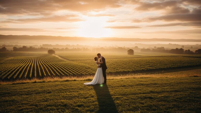 A couple embracing passionately at sunset in Steels Creek, with rolling hills and vineyards in the background, beautifully capturing romantic Steels Creek engagement photography.