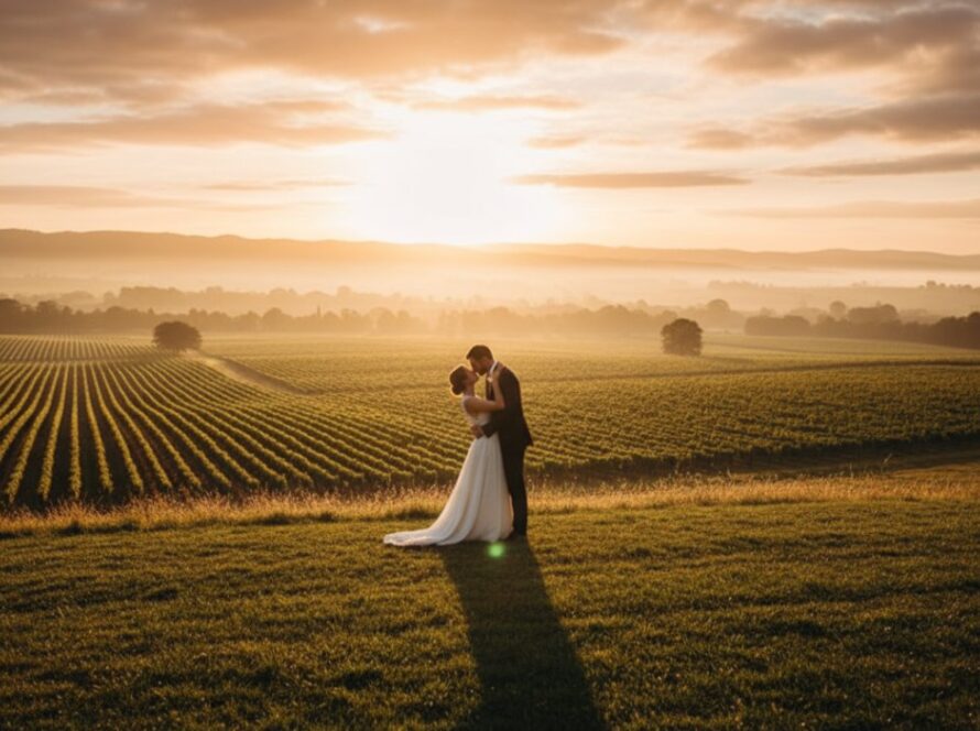 A couple embracing passionately at sunset in Steels Creek, with rolling hills and vineyards in the background, beautifully capturing romantic Steels Creek engagement photography.