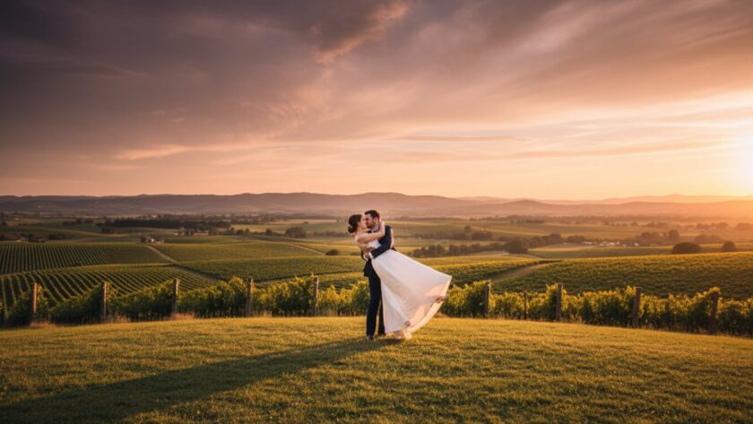 An emotionally resonant, epic moment photograph of a couple embracing amidst the rolling vineyards and scenic hills of Steels Creek, Victoria, during a Romantic Steels Creek Pre-Wedding Photography session, with soft golden hour light bathing the scene.