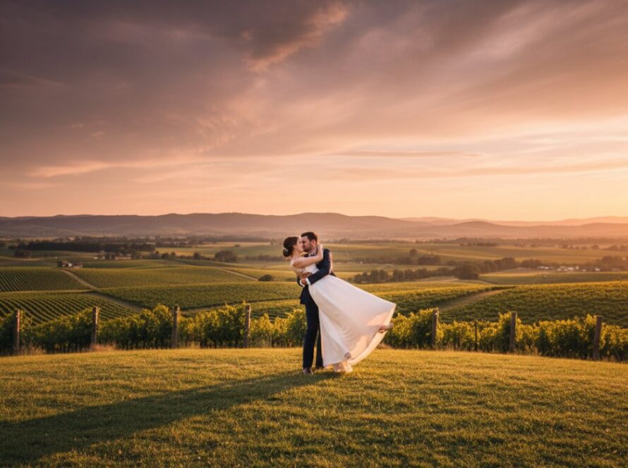 An emotionally resonant, epic moment photograph of a couple embracing amidst the rolling vineyards and scenic hills of Steels Creek, Victoria, during a Romantic Steels Creek Pre-Wedding Photography session, with soft golden hour light bathing the scene.