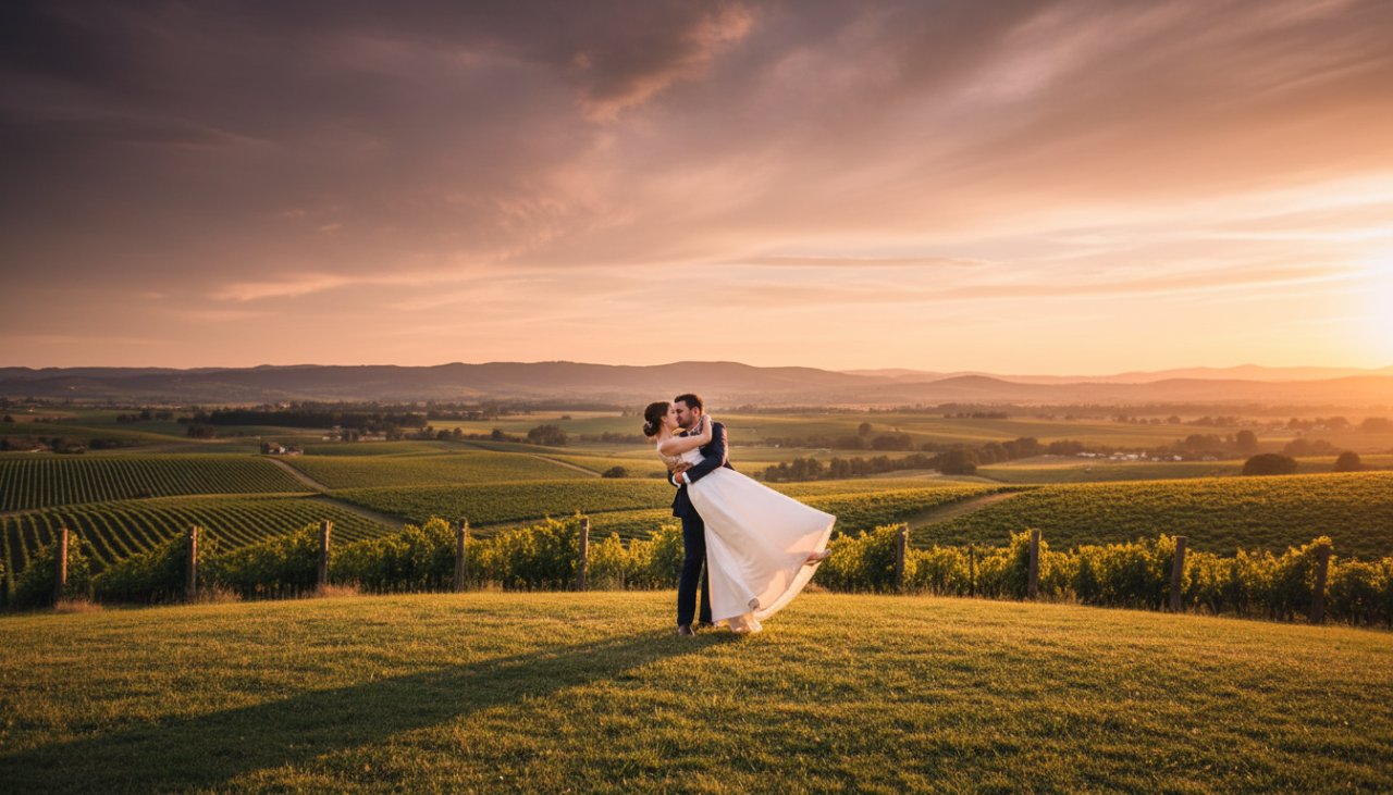 An emotionally resonant, epic moment photograph of a couple embracing amidst the rolling vineyards and scenic hills of Steels Creek, Victoria, during a Romantic Steels Creek Pre-Wedding Photography session, with soft golden hour light bathing the scene.