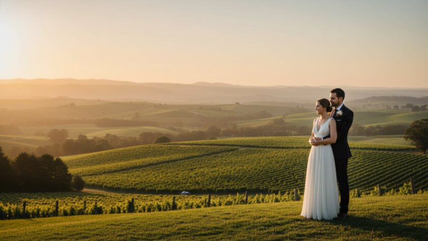 An epic aerial shot of a couple embracing amidst the rolling hills and vineyards of Steels Creek, their Romantic Steels Creek Wedding Photos capturing natural beauty under a golden hour sky.