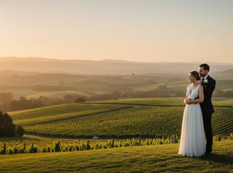 An epic aerial shot of a couple embracing amidst the rolling hills and vineyards of Steels Creek, their Romantic Steels Creek Wedding Photos capturing natural beauty under a golden hour sky.