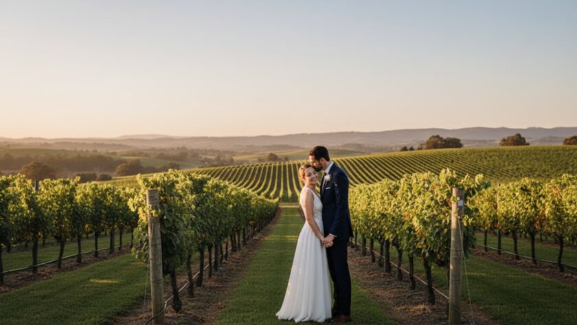 A stunning wide-angle shot capturing romantic Tarrawarra engagement photos Victoria, featuring a couple embracing amidst rows of lush grapevines at sunset, golden light illuminating their joyful expressions, with the rolling hills of Tarrawarra in the background, conveying an epic, timeless love story.
