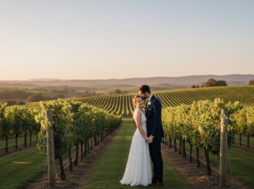 A stunning wide-angle shot capturing romantic Tarrawarra engagement photos Victoria, featuring a couple embracing amidst rows of lush grapevines at sunset, golden light illuminating their joyful expressions, with the rolling hills of Tarrawarra in the background, conveying an epic, timeless love story.