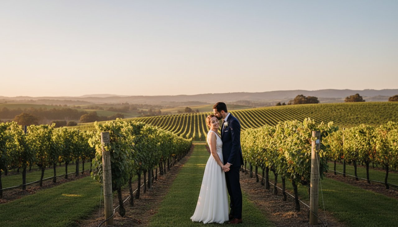 A stunning wide-angle shot capturing romantic Tarrawarra engagement photos Victoria, featuring a couple embracing amidst rows of lush grapevines at sunset, golden light illuminating their joyful expressions, with the rolling hills of Tarrawarra in the background, conveying an epic, timeless love story.