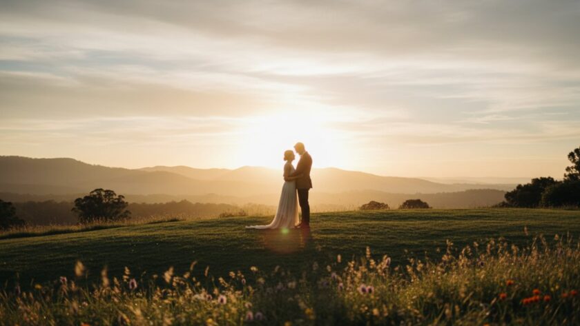A breathtaking, cinematic shot capturing a couple's romantic The Patch pre-wedding photography adventures, standing hand-in-hand at golden hour, overlooking a misty valley in the Dandenong Ranges, filled with emotion and soft light.