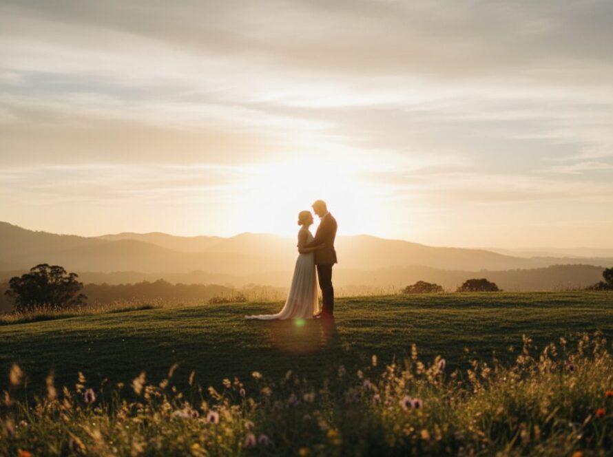 A breathtaking, cinematic shot capturing a couple's romantic The Patch pre-wedding photography adventures, standing hand-in-hand at golden hour, overlooking a misty valley in the Dandenong Ranges, filled with emotion and soft light.