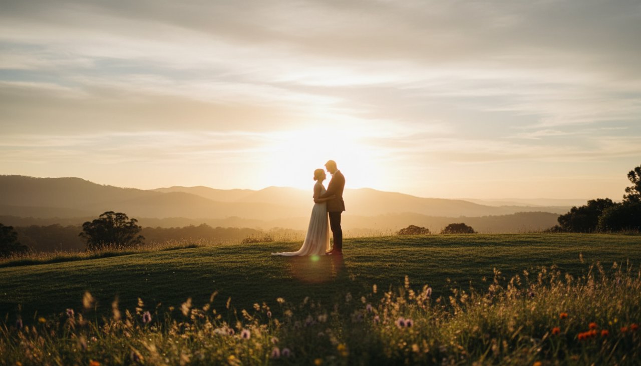 A breathtaking, cinematic shot capturing a couple's romantic The Patch pre-wedding photography adventures, standing hand-in-hand at golden hour, overlooking a misty valley in the Dandenong Ranges, filled with emotion and soft light.